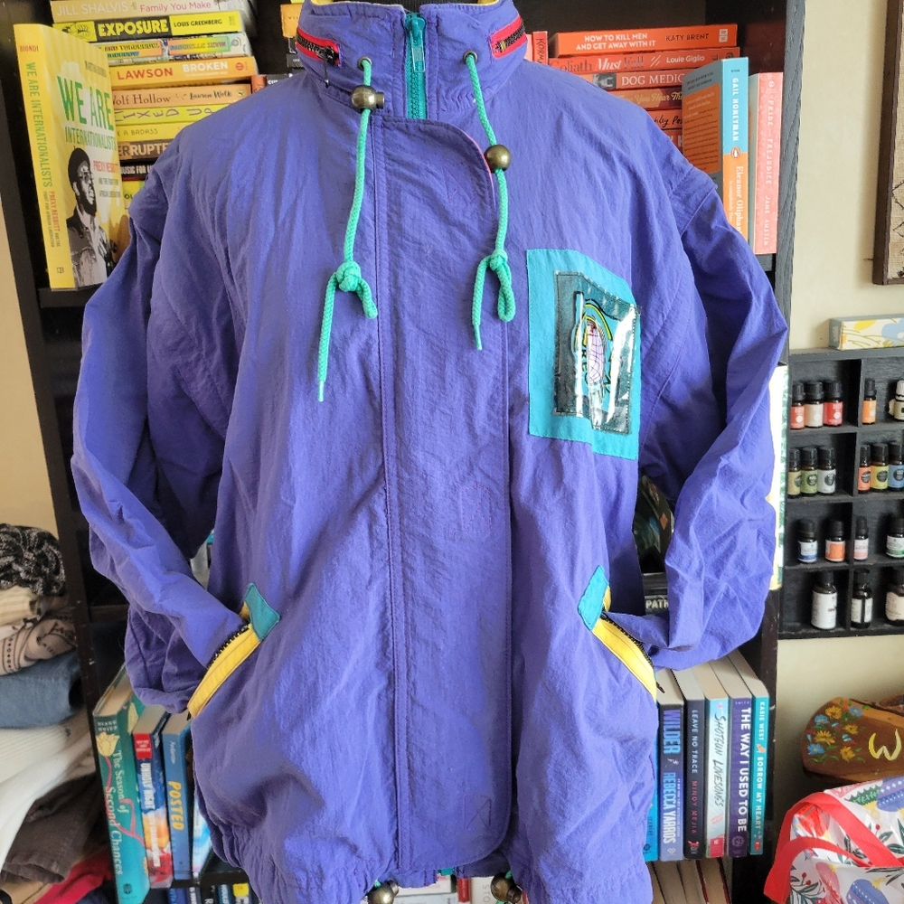 Vibrant 1990s Windbreaker Jacket Multiple Zippered Pockets & Hideaway Hood Sz LG